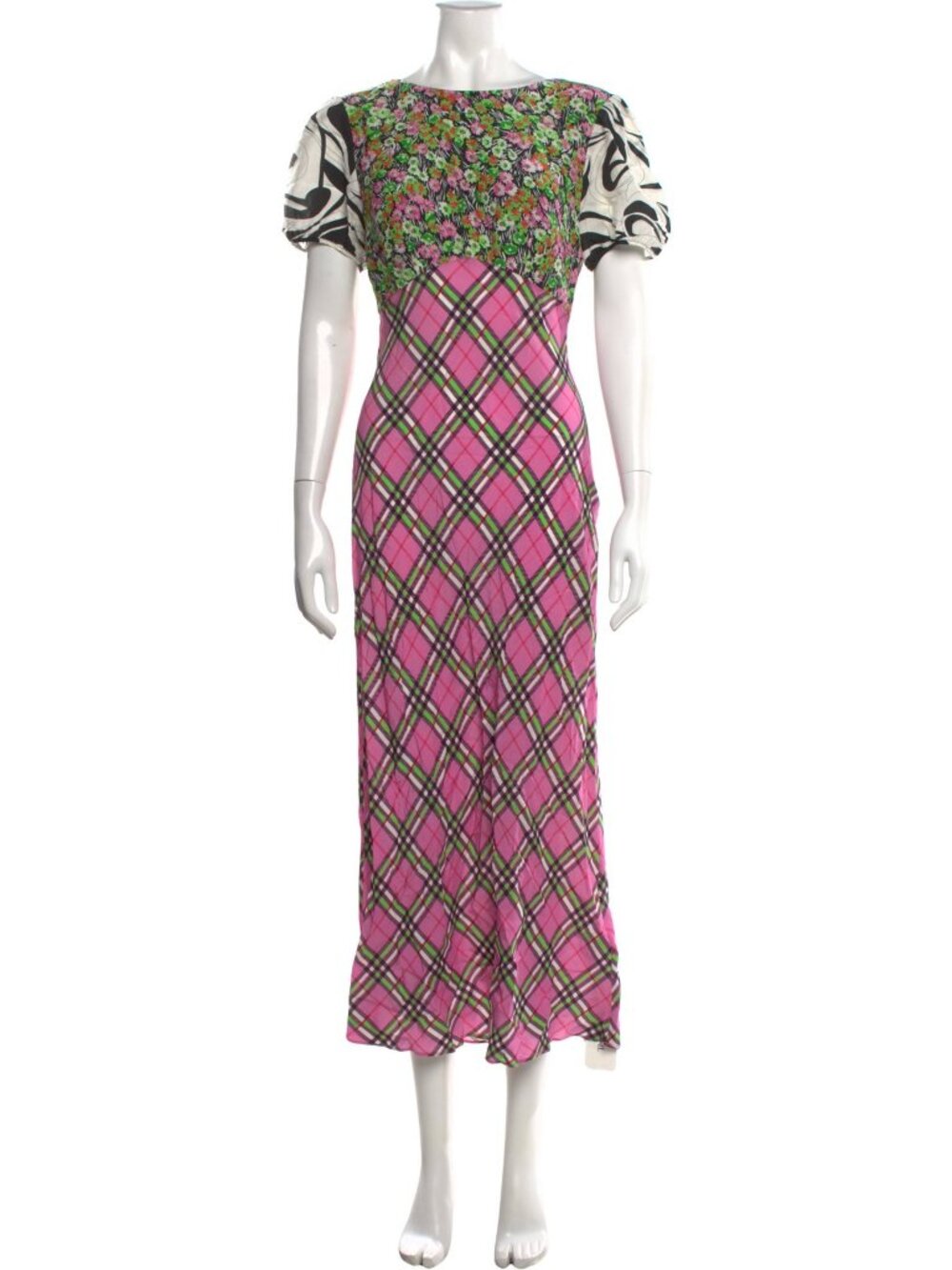 Rixo Mixed Print Silk Midi Dress Pink Tartan Sequin Zebra XS